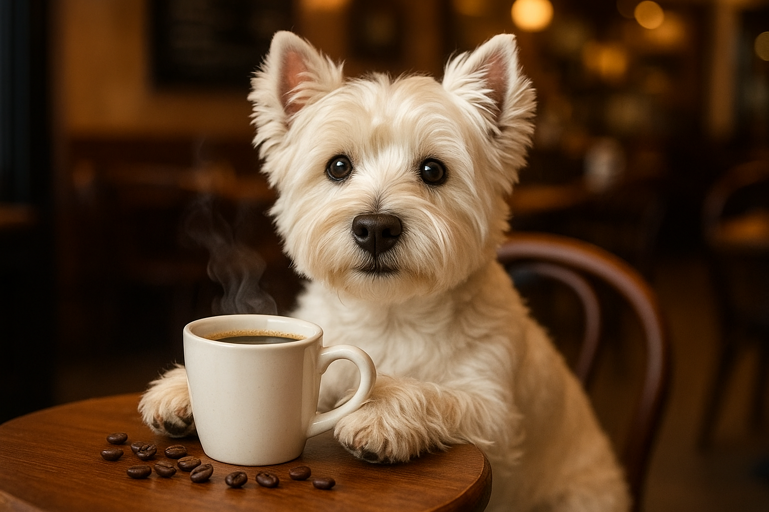 westie dog drinking coffee